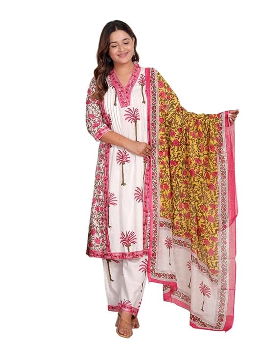 Women's Cotton Printed Straight Kurti with Pant and Dupatta Set